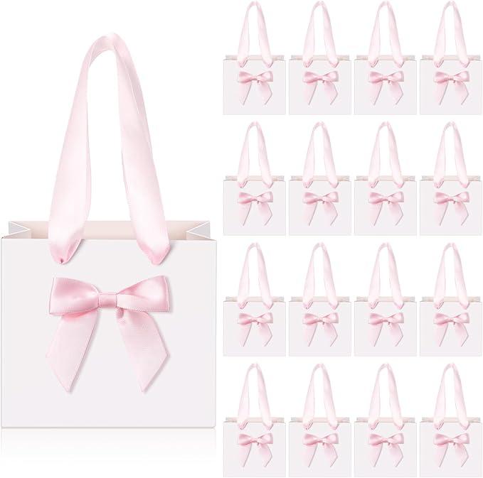 Kolldenn 50 Pcs Mini Gift Bags with Pink Bow Ribbon 4''x2.7''x4.5'' Small White Paper Thank You Goodie Gift Bags Bulk with Handle for Baby Shower Wedding Party Favor Birthday Return Guests