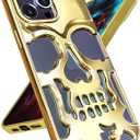 for iPhone 15 Pro Case Skull, Unique Designer Cool Funny Gothic Plated Skeleton Shockproof Halloween 15 Pro Phone Cases for Men Women Girls Boys, Golden