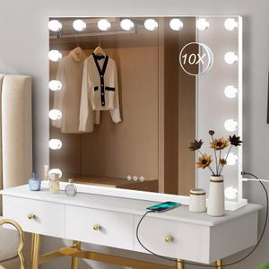 Moonee Vanity Mirror with Lights, Hollywood Lighted Makeup Mirror with 18 Dimmable Bulbs and 10X Magnification, 3 Colors Modes, Light Up Mirror, Gifts for Women, Girls,Dorm Room Essentials32" x 24"