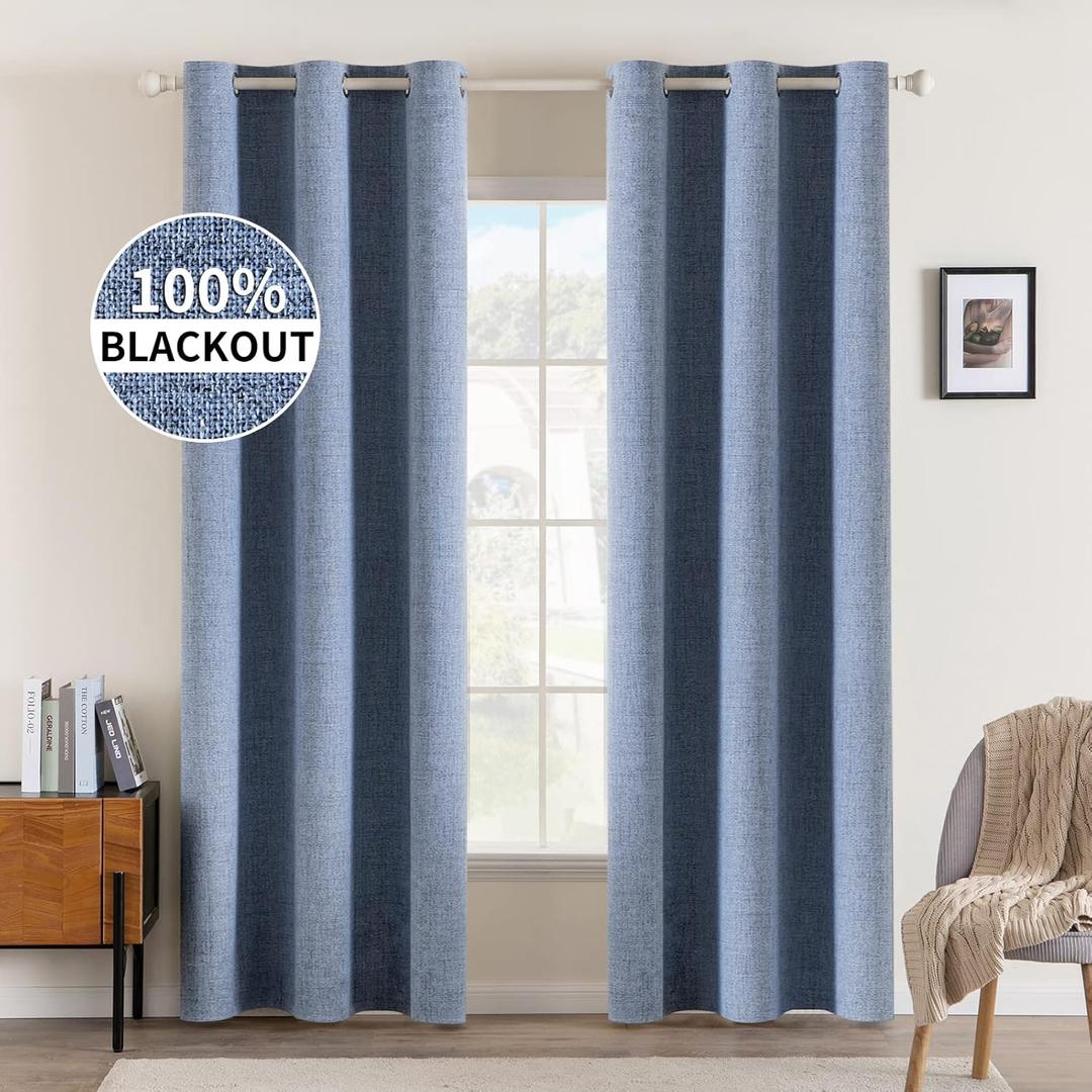 MIULEE Linen Blackout Curtains and Drapes 100% Room Darkening Thermal Insulated Grommet Window Panels with Coating 2 PCs W 42 x L 90 inches Stone Blue