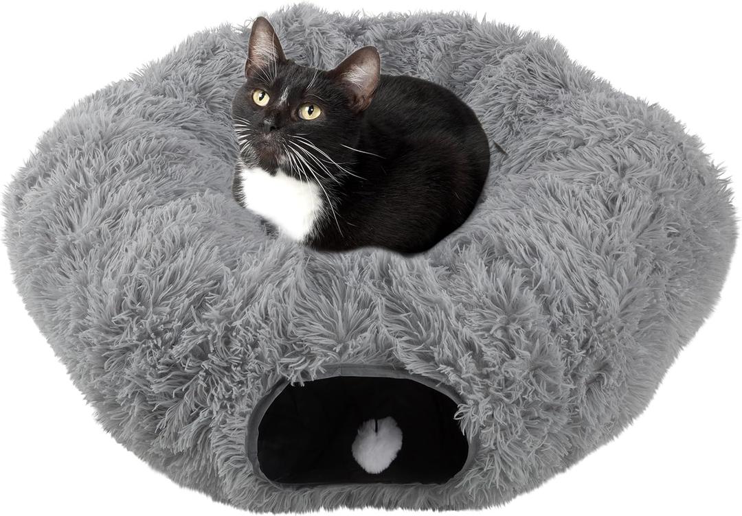 Cat Tunnel with Bed for Indoor Cats - 3FT Multifunctional Cat Tunnel Bed with Toys - Soft, Plush Peekaboo Cat Cave for Kittens, Cats, Ferrets, and Rabbits - Cat Products by PETMAKER (Gray)