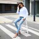 Women's Shirts Fashion Casual Loose Fit Long Sleeve Button Down Lightweight Collared Blouse Tops Blue (M)