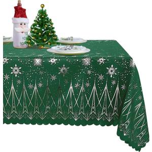 LUSHVIDA Christmas Tablecloth, 60 x 120 Inch Rectangle Table Cloth Washable Water Resistance Decorative Microfiber Table Cover for Banquet Holiday Party Kitchen Dining, Green (Green Snow-foil Print)