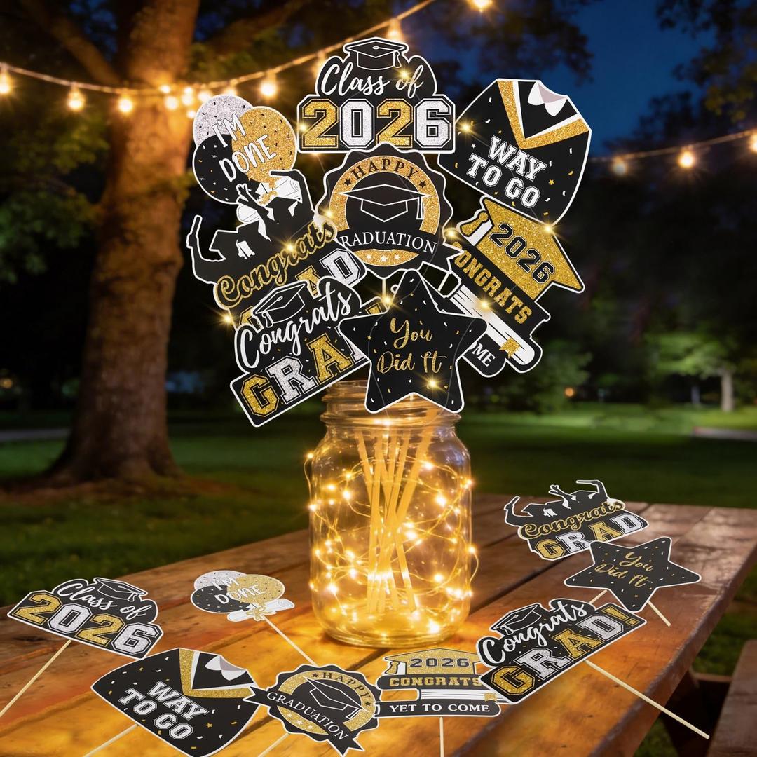 2 x Graduation Decorations 2026 32Pcs Black Gold Graduation Table Decorations Centerpiece Sticks with Lights for College High School Any Grade Party Decor Supplies Photo Props