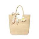 Straw Tote Bag for Women, Large Summer Beach Bag with Polka Dot Scarf & Plumeria Flower (beige)