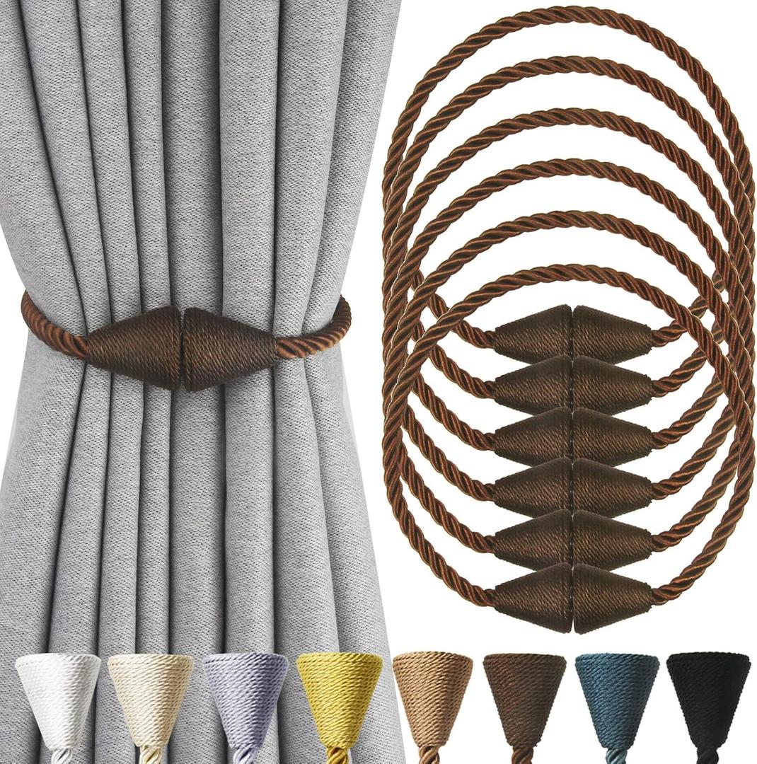 6 Pack Magnetic Curtain Tiebacks Rope Modern Handmade Curtain Tie Backs Decorative Drapes Weave Holdbacks for Window Dcor, Coffee