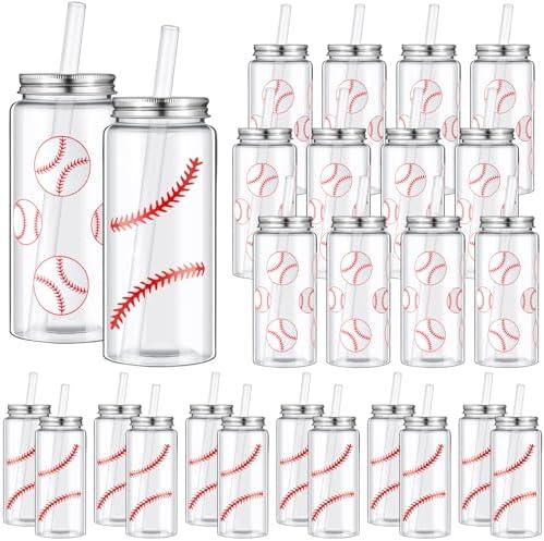 Maxdot 24 Pack 14.2 OZ Baseball Plastic Cups with Lid and Straw Bulk Baseball Cup with Lid and Straw Clear Reusable Plastic Juice Bottles Tumbler for Sport Themed Party Favors Birthday Team Gifts