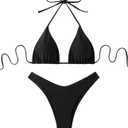 GORGLITTER Women's High Waisted Thong Bikini Set Halter Triangle Tie Back Swimsuit Bathing Suit (Black, Small)