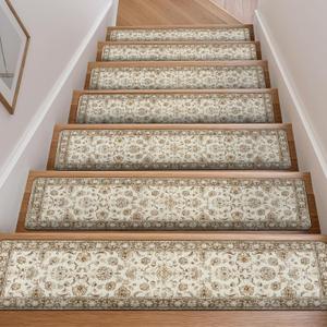 OJIA Vintage Stair Treads Non-Slip Stair Runners for Wooden Steps Indoor 15PCS 30"x8" Carpet Stair Treads Mats Staircase Step Treads for Kids, Elders and Dogs, Stair Covers, Beige
