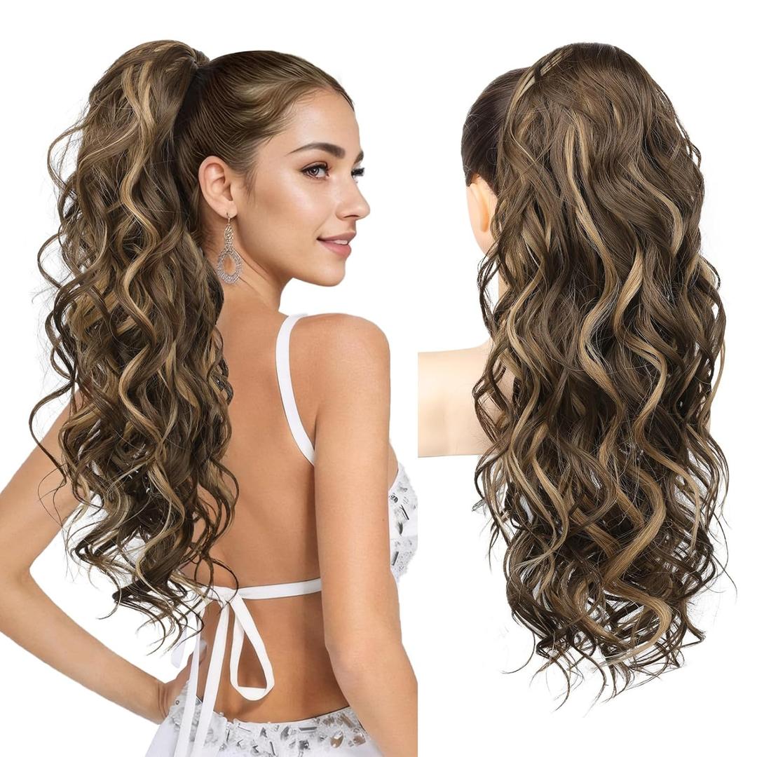 REECHO 24" Ponytail Extension Long Curly Claw Clip Ponytail Extension Jaw Clip in Pony Tails Natural Synthetic Hairpiece for Women Daily, Chocolate Brown with Highlights