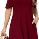Short/Long Sleeve Women's Cold Shoulder Dress with Pockets Casual Swing T-Shirt Dresses (Red, XXL)