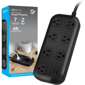 GE 7-Outlet Surge Protector Power Strip with USB, 2 USB-A, 4 Ft Braided Cord, Multi Plug Outlet Extender, Flat Plug, Charging Station, 2.4A, 1470 Joules, Black, 82593
