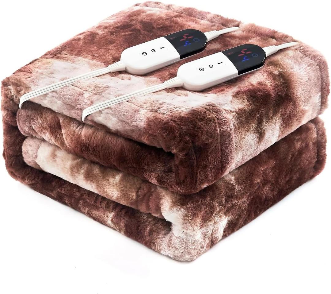 Electric Queen Blanket, 84"x90", White Coffee Faux Fur, 6 Heating Levels, 10H Auto Off (Queen-84" x 90")
