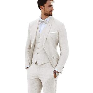 Linen Suit 3 Pieces Vintage Retro Wedding Prom Suits Slim Fit Jacket Blazer Groom Tuxedos, Size XL, Ivory