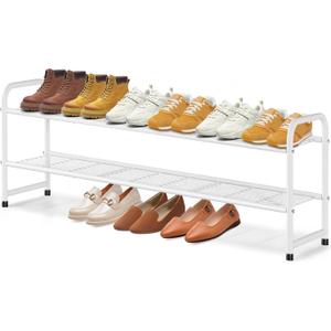 KEETDY 2-Tier Long Shoe Rack for Closet Entryway Shoe Organizer for 18 Pairs Sneakers, Metal Stackable Shoe Storage Shelf with Wire Grid for Bedroom, Floor, White
