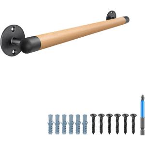 SELEWARE 26 Inch Wood Handrail Stair Handrail Drywall or Concrete Mount Handrail w/Sturdy Metal Base, Barrier-Free Staircase Grab Bar for Elderly, 1.3 Inch Round