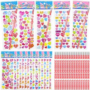 5 x OHOME Valentines Day Gifts for Kids - 44 PCS Stationery Set for School Classroom Exchange - Valentines Day Party Favors for Toddler | Valentines Crafts Treats Games,Includes Pencils,Heart Stickers