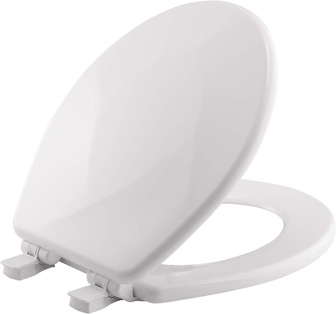 Mayfair Sculptured Teardrop Slow Close Toilet Seat, Easy Clean Hinges with Durable Wood Seat, Made in USA, Round, White