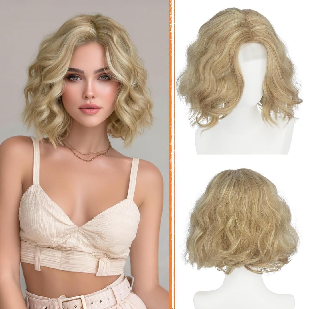 Haloo Blonde Bob Wig for Women Lace Front Hairline Short Soft Wavy Curly Natural Looking Middle Part Synthetic Hair Wigs for Daily Party, 11 Inch Dirty Blonde