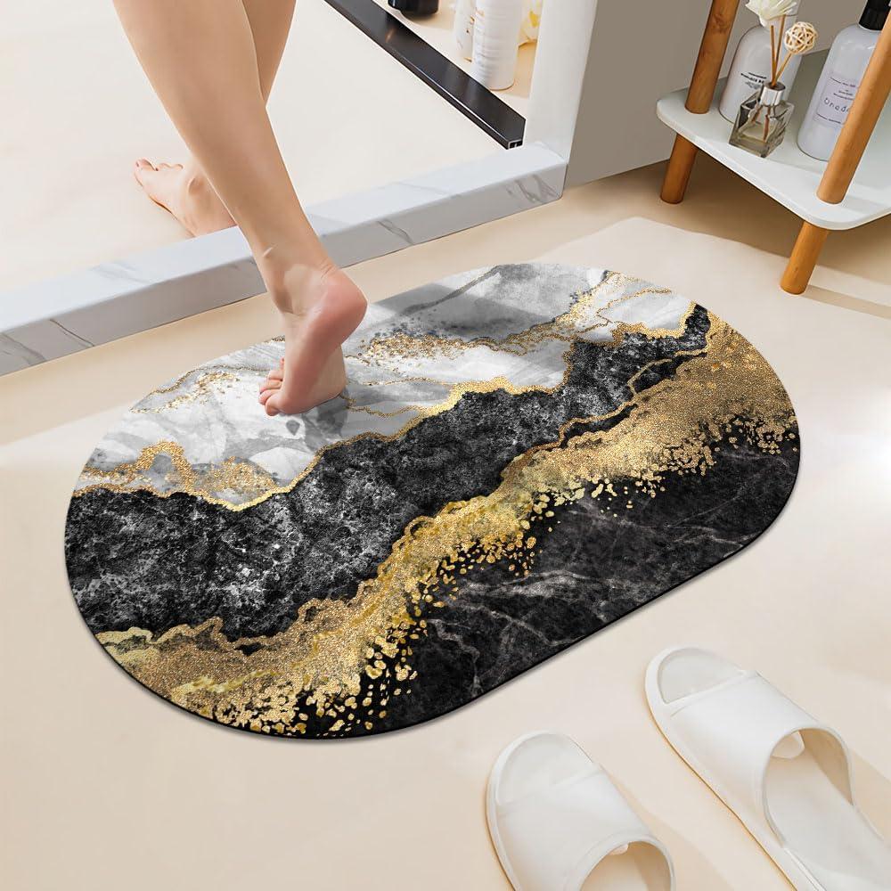 Black White Gray Gold Marble Super Absorbent Quick-Drying Bathroom Mat Rug, Rubber Non-Slip Bottoms, Easy to Clean,Ultra Thin Bathroom Rugs Fit Under Door and Bathtub(1624Inch)