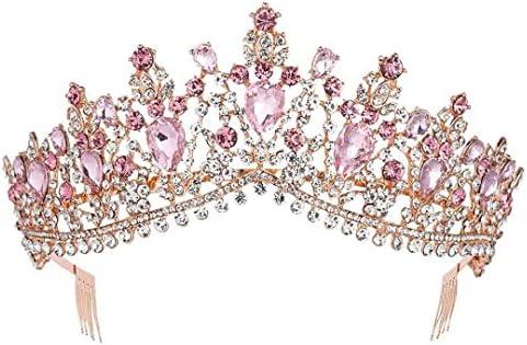 Sweet 16 Homecoming Crown Rose Pink Jewelry Baroque Quinceanera Prom Ball Hair Accessory,Pink