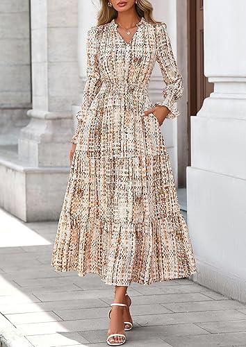 PRETTYGARDEN Women's Floral Maxi Dress 2026 Fall Long Sleeve V Neck A Line Long Flowy Spring Party Boho Dresses L