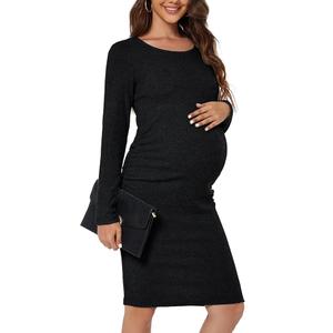 Smallshow Women's Knit Maternity Dress Long Sleeve Pregnancy Clothes Black L