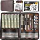 Nicpro 58 PCS Art Drawing Supplies Kit in Leather Case, Art Mechanical Pencil Set with 6 Metal Drafting Pencil 0.5 & 0.7 & 0.9 & 2mm, 12 Micron Pen, Sketch Book, 30 Tube Lead Refills for Sketching
