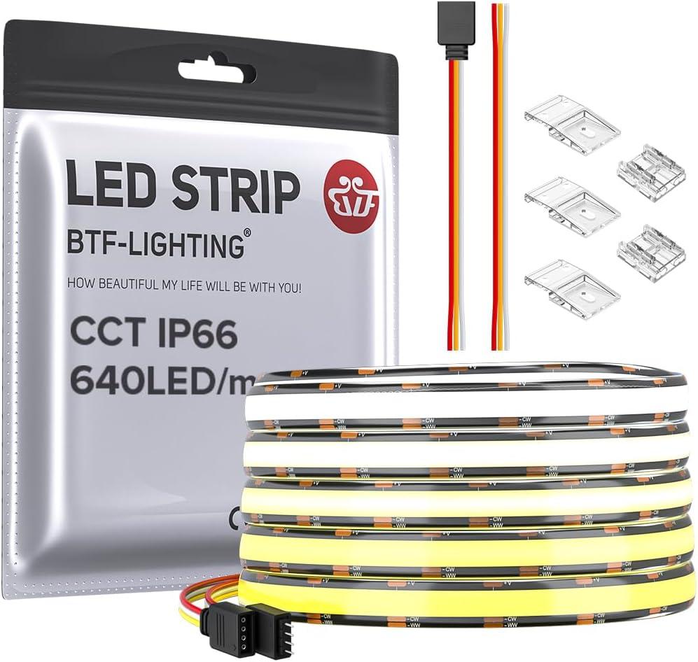 BTF-LIGHTING IP66 FCOB CCT COB LED Strip Tunable 2700K-6500K DC24V 16.4FT 640LED/m CRI 90+ Flexible High Density Dimmable LED Light Black PCB for Home Indoor Decor(No Adapter or Controller)