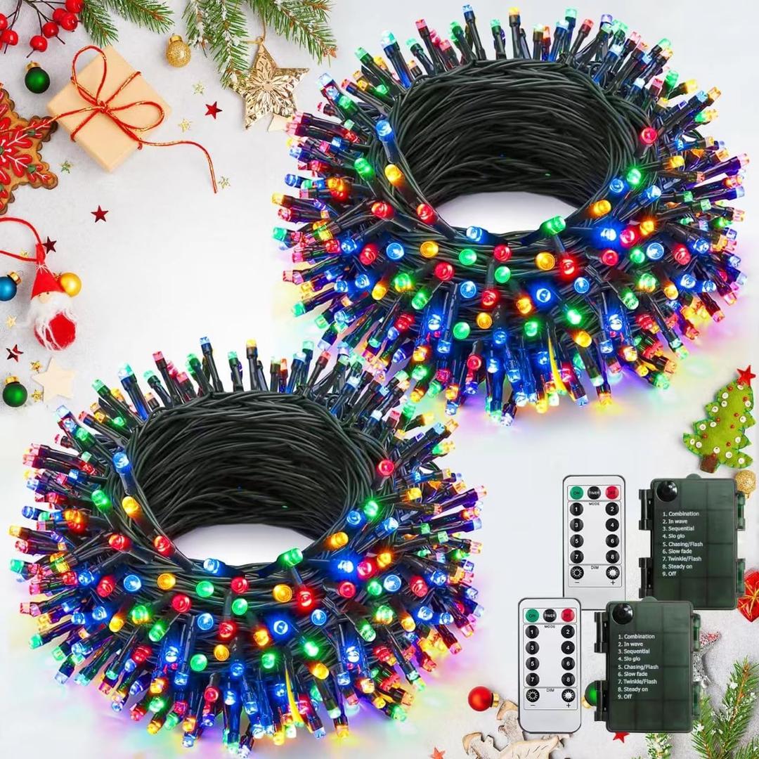 Christmas Lights Battery Operated String Lights with Remote, 2 Pack Total 200 LED 66ft Multicolor Battery Powered Twinkle Lights Indoor Outdoor Waterproof for Tree Christmas Decorations (Multi-colored (Green Wire))