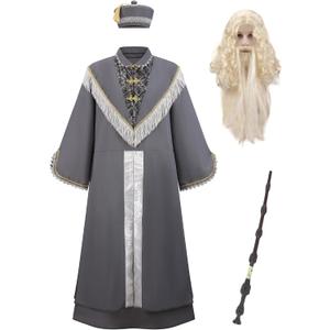 Wizard Costume Men Adult 5PCS Funny Halloween Grey Wizard Robe Costumes Deluxe Mens Cosplay Party Sorcerer Outfit (Small)