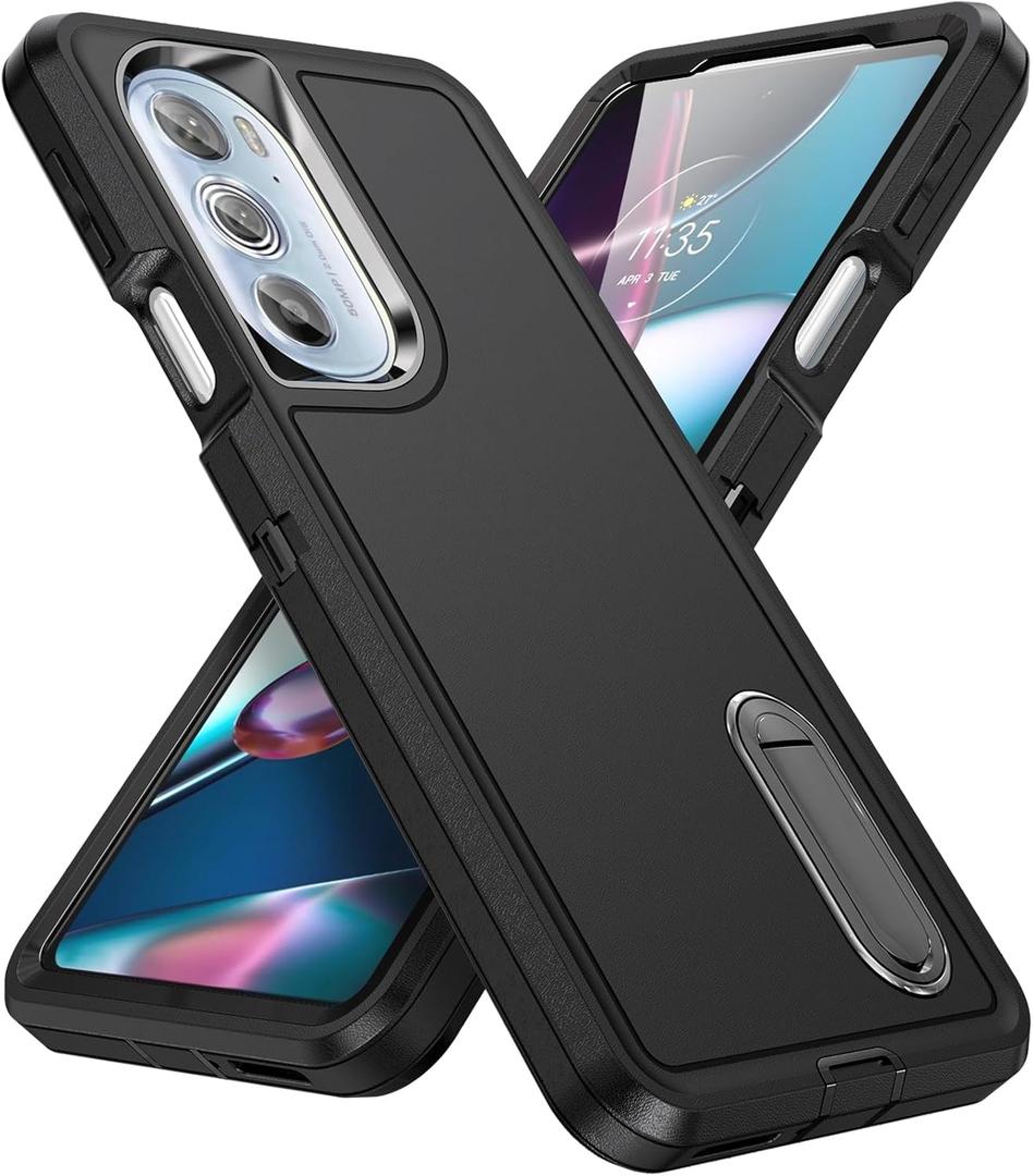 for Moto Edge Plus 2022 Case Moto Edge 30 Pro Case with Kickstand 3-Layer Military Grade Protective Cover Silicone Shockproof for Motorola Moto Edge Plus+ 2022 Phone Case (Black+Black)