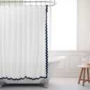 Embroidered Scalloped Cotton Shower Curtain Linen Textured with 12 Metal Hooks, 72 x 72 Inch Washable Waterproof Cloth Shower Curtains with Navy Blue Border for Bathroom Hotel Bathtub