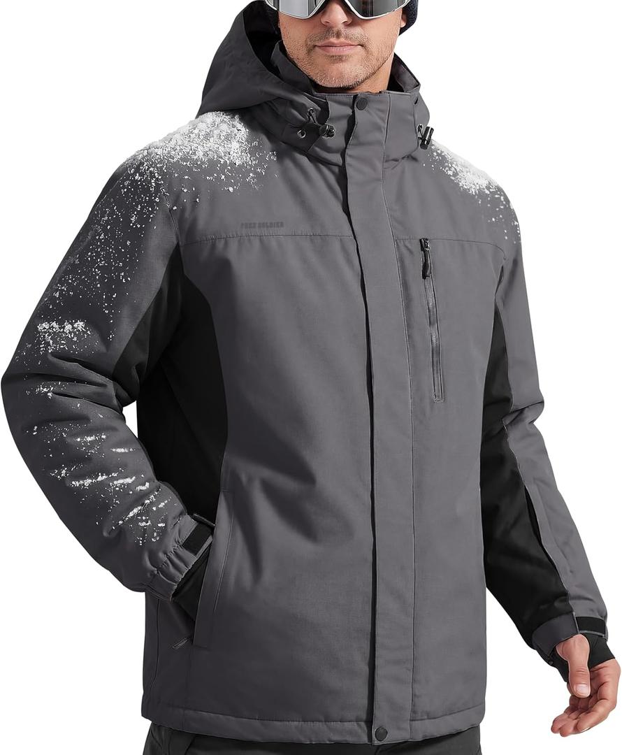 FREE SOLDIER Men's Waterproof Ski Snow Jacket Fleece Lined Warm Winter Rain Jacket with Hood Fully Taped Seams (Medium, Gray Black)
