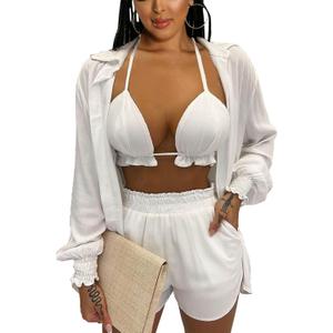 Women Hawaiian 3 Piece Outfits Set  Floral Print Blouse Casual Mini Short with Tank Summer Beachwear Suit (Small, White)