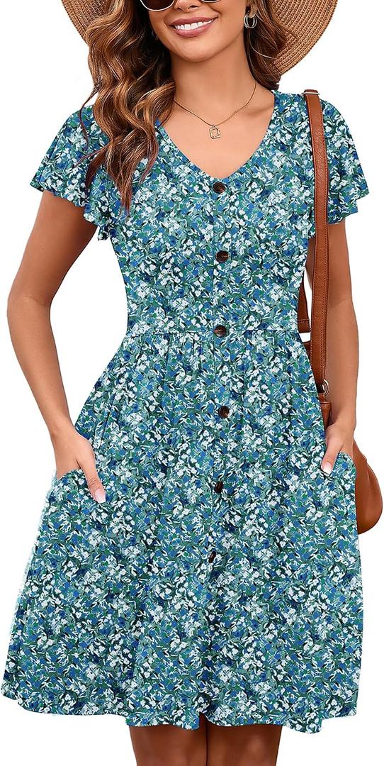 Heymoments Women's Ruffle Sleeve V Neck Swing Sundress Summer Casual A-Line Midi Dress with Pockets S-2XL (Green, XXL)