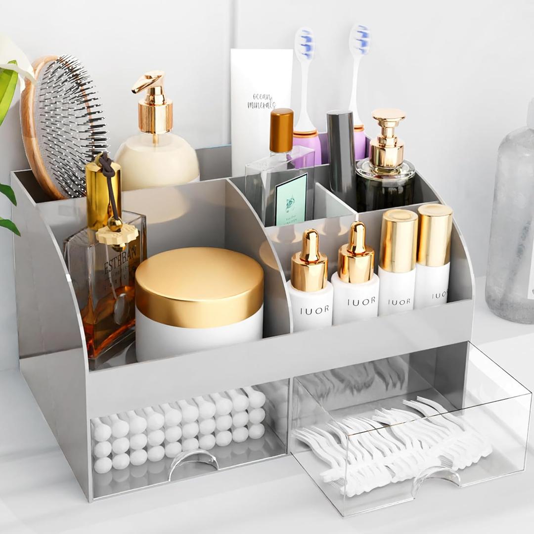 Makeup Organizer with Drawers, Cosmetic Storage for Dresser Vanity and Bathroom Countertop, Beauty Holder for Lipstick Brush, Skincare Organizer for Vanity, Cosmetic Display Case (Grey)