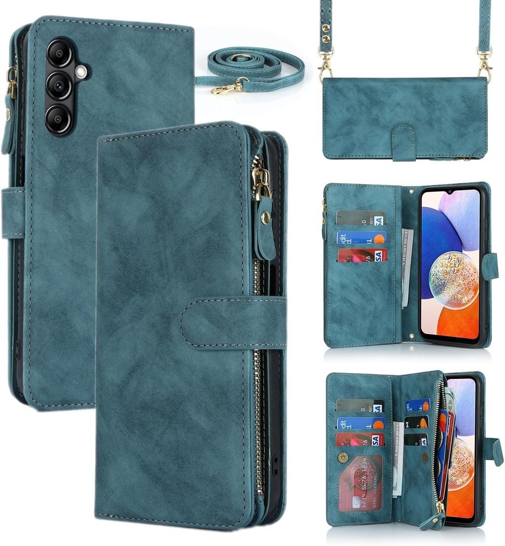 iCoverCase for Samsung Galaxy A14 5G Wallet Case with Card Holder for Women, Crossbody Lanyard Strap Kickstand PU Leather Case with Zipper Pocket Credit Card Slots Cover (Blue)