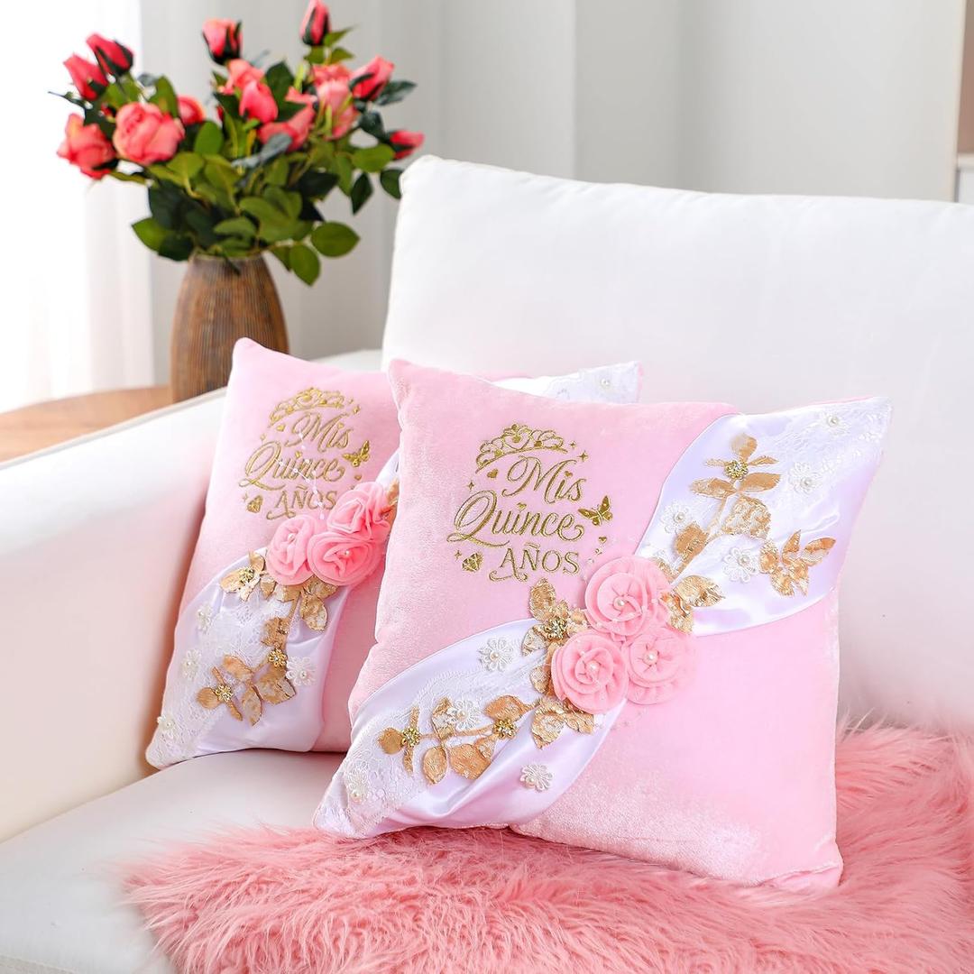 2 Pcs Cojines para 15 Aos De Quinceaera Pink Quinceanera Embroidered Pillow Cover Set Cojines para 15 Aos De Quinceaera Decorations Mis Gifts