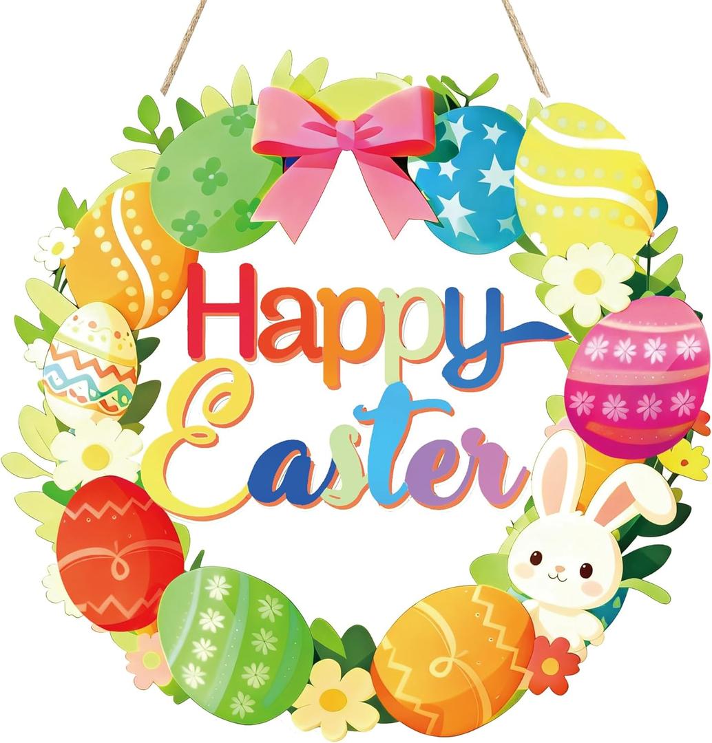 2 x Easter Decoration Wooden Wreath for Front Door Sign Happy Easter Bunny Eggs Spring Decoration, Rabbit Sign Welcome Hanging Wall Signs for Home Wall Decor Party Outdoor Indoor