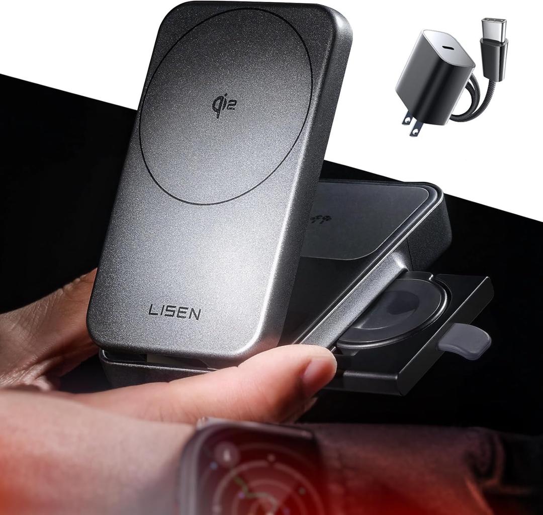 LISEN for iPhone 17 Pro Max 15W magsafe Fast Charger 3-in-1 Charging Station Qi2 Certified Foldable Magsafe Charger Stand for Apple Multiple Devices, Wireless Nightstand, AirPods, Apple Watch