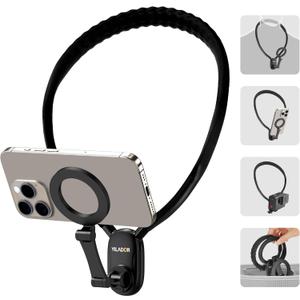 Magnetic Neck Phone Holder for Recording, Hands Free POV/Vlog Video Filming, 4 in 1 Phone Chest Mount for Cooking/Riding/Indoor/Outdoor, Content Creator Essentials for iPhone Android GoPro DJ (Black)