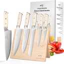 NF Damascus Kitchen Knife Set, NANFANG BROTHERS 6-Piece Damascus Steel VG10 Kitchen Knife Set with Wood Magnetic Knife Holder Block Professional Chef's Knife with Sharp Blades and ABS Ergonomic Handle (White)
