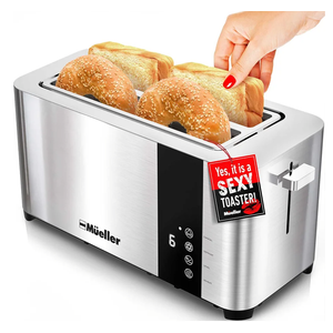 Mueller UltraToast Full Stainless Steel Toaster 4 Slice, Long Extra-Wide Slots for Bagels and Waffles, 6 Browning Levels, LED Display, Cancel/Defrost/Reheat Functions & Removable Tray, Kitchen Gadgets