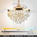 36 inch Modern Crystal Ceiling Fan with Lights and Remote LED Dimmable Fandelier Invisible Retractable Ceiling Fan 3 Blades 6 Speeds for Bedroom Living Room Dining Room(Gold)