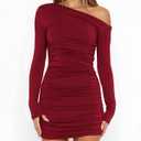 Amkoyam Women's 2025 Sexy Off Shoulder Dress Long Sleeve Bodycon Ruched Formal Cocktail Party Mini Dresses (Red, XS)