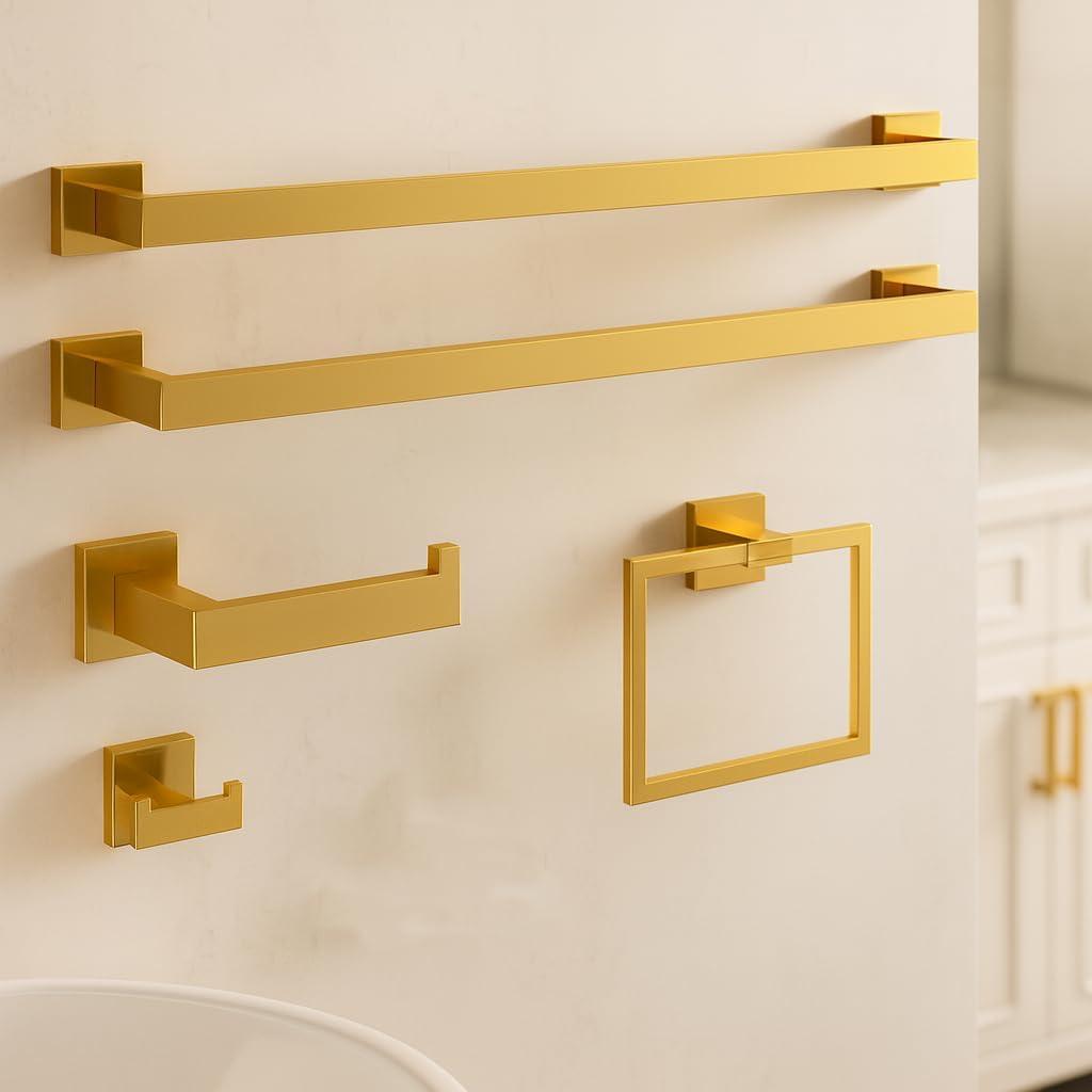 5-Piece Bathroom Hardware Set Brushed Gold Bathroom Accessories 304 Stainless Steel Including 23.8 inch Bath Towel Bar*2, Double Towel Hook, Toilet Paper Holder, and Towel Ring