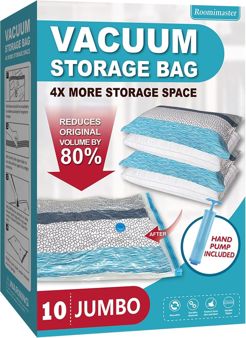 Roomimaster Vacuum Storage Bags, Vacuum Seal Space Saver Bags for Clothing, Travel Lugggage, Carry-on, Blankets, Pillow, Comforters, Bedding, 10 Jumbo