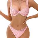 Lilosy Sexy Floral Lace Scallop Underwire Push Up Sheer Lingerie Set Outfits (Small, Pink)