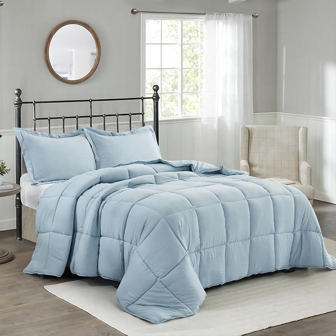 HIG Pre Washed Down Alternative Comforter Set Twin - Reversible Chic Quilt Design - Box Stitched with 4 Corner Tabs - Lightweight for All Season - Blue Duvet Comforter with 2 Pillow Shams